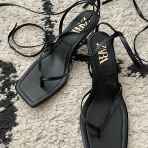 ZARA MID-HEIGHT HEEL LEATHER SQUARE TOE SANDALS